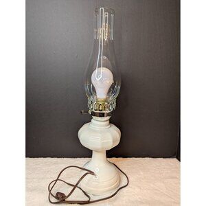 Vintage White Ceramic Electric Lamp W/ Clear Glass Chimney Farmhouse Lighting